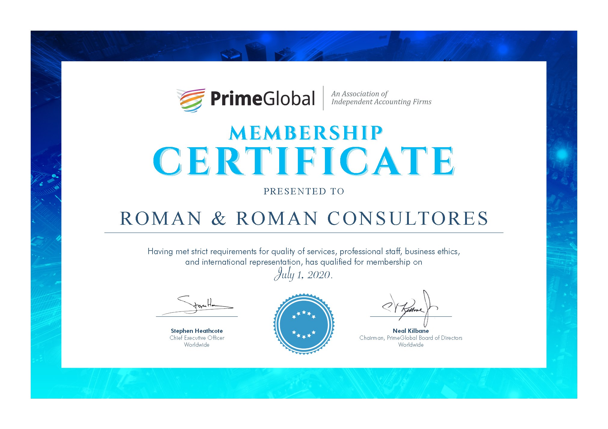 Certificado de membresía de PrimeGlobal otorgado a Román & Román Consultores